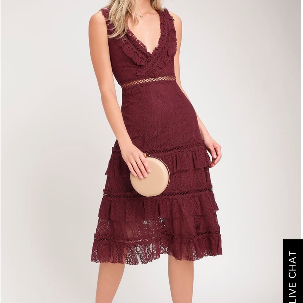 LULU’S BURGUNDY LACE RUFFLED MIDI DRESS